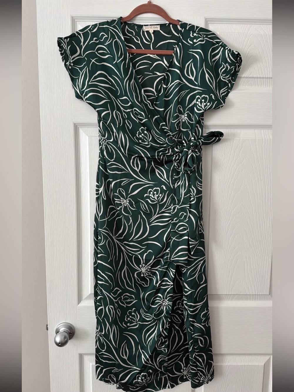Green Floral Wrap Dress with White Outline Print